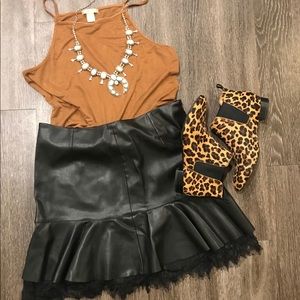 Black PU leather fit & flare lace trim skirt